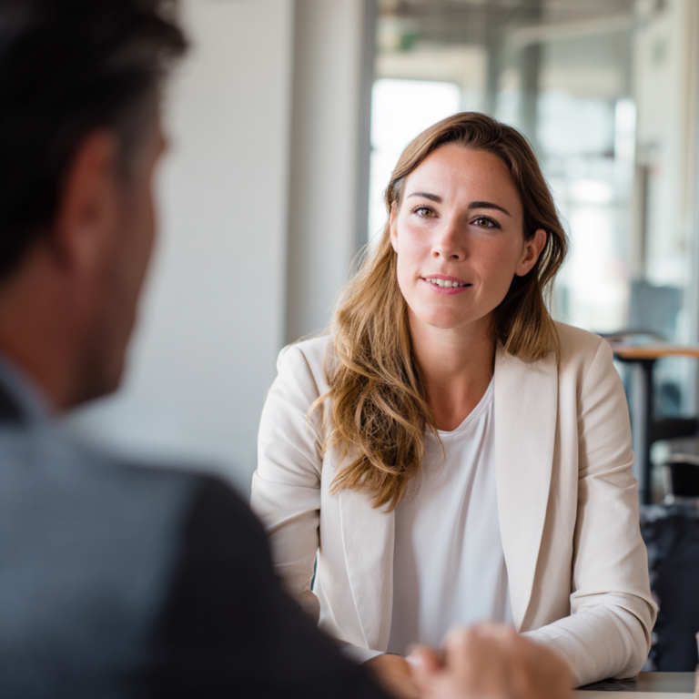 Eine HR Generalistin bei Salvida im Gespräch mit einem Mitarbeiter