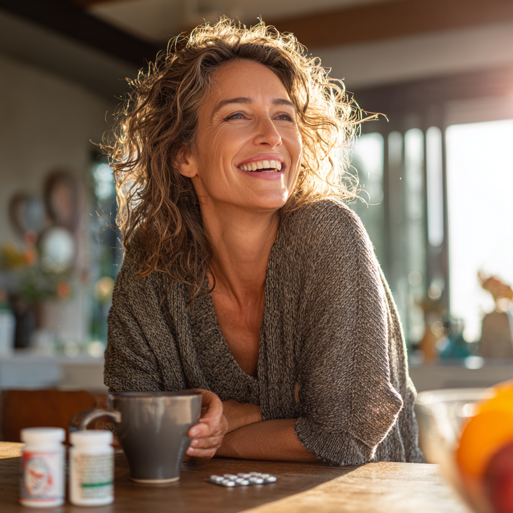 Eine Frau lehnt am Tisch mit einer Tasse vor sich und Tabletten