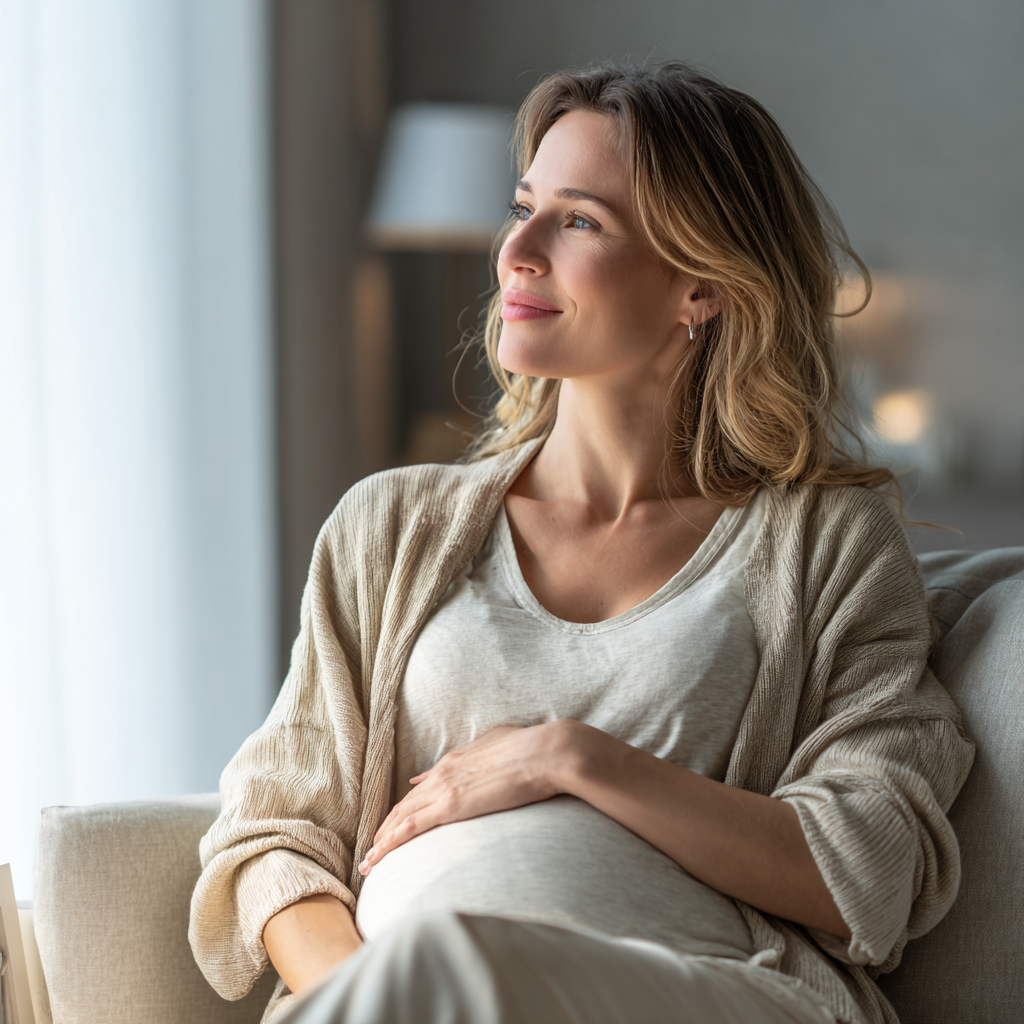 eine schwangere Frau sitzt glücklich auf der Couch und hält ihren Bauch