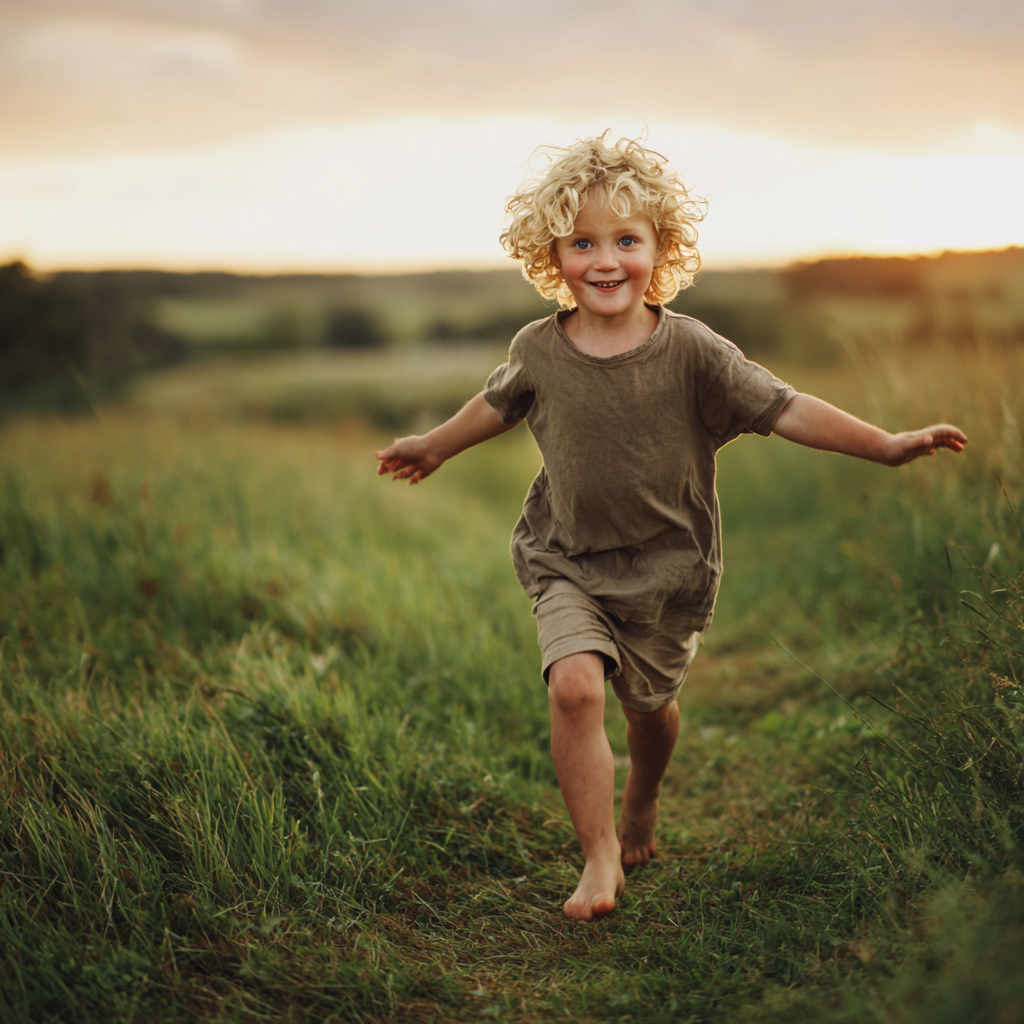 Ein glückliches Kind, dass über ein Feld läuft, nachdem es einen kinderorthopädischen Eingriff bei Salvida in Kirchham in der Region Gmunden hatte.