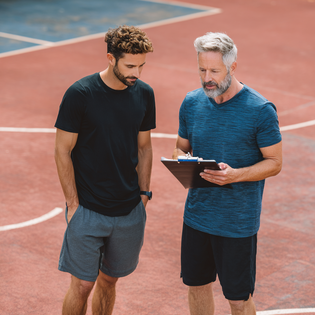 Ein Trainer bei der Trainingsplanerklärung bei einem Sportler