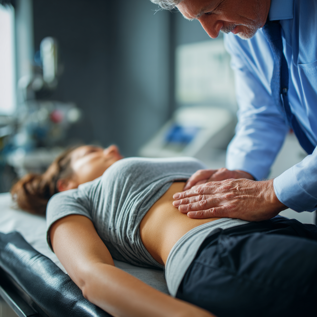 Ein Arzt tastet bei der internistischen Anamnese und klinischen Abklärung den Bauch/Leber einer Patientin ab