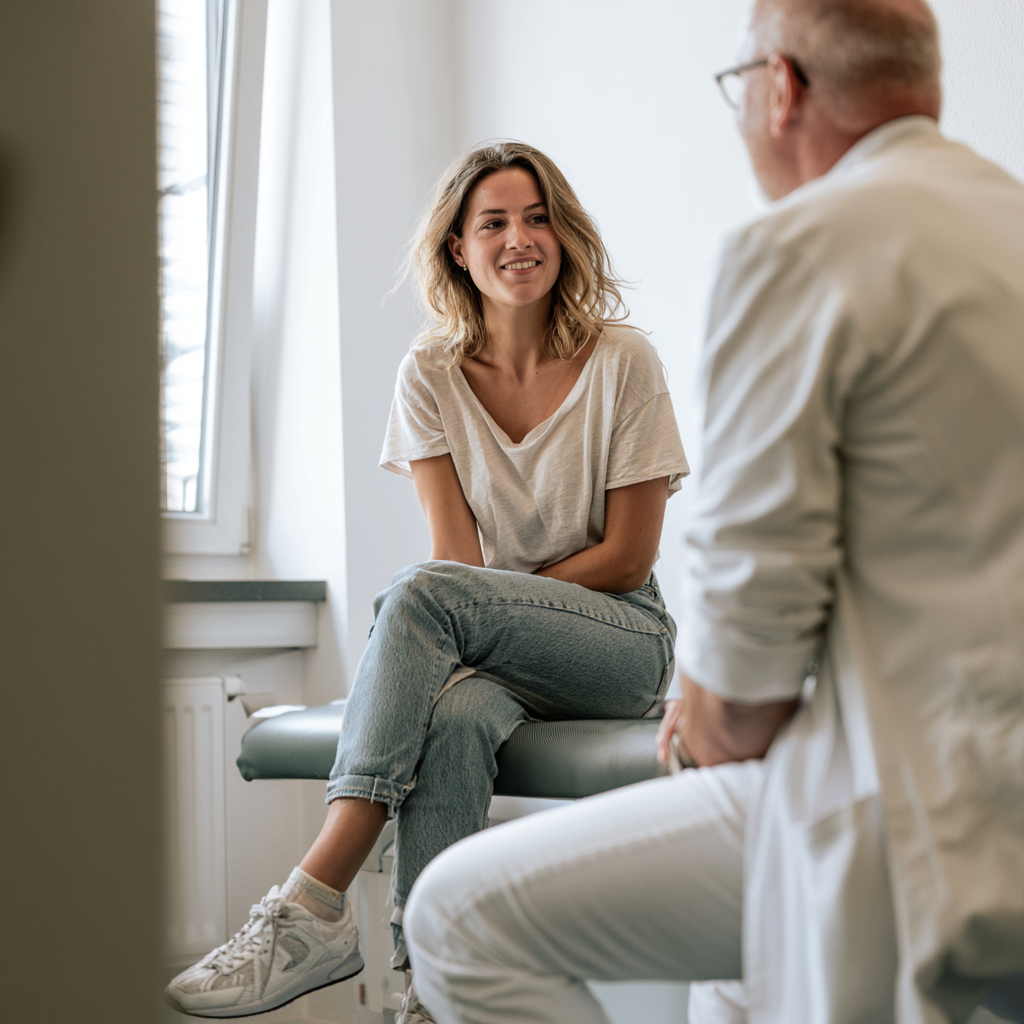 Eine Frau sitzt zur neurologischen Untersuchung auf einer Arztliege, der Neurologe sitzt neben ihr auf einem Stuhl und berät sie