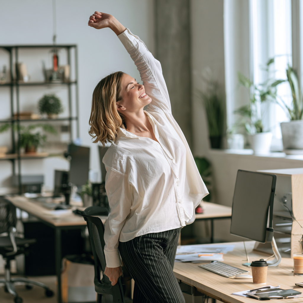 Eine Frau führt Dehnübungen im Büro durch